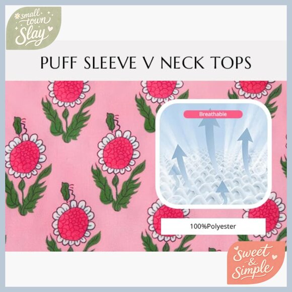 Floral Babydoll Blouse Puff Sleeve Peplum V Neck Loose Fit Boho Top - Picture 4 of 5